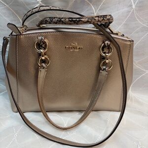 COACH Metallic Gold Satchel with Snakeskin-Trim Handles